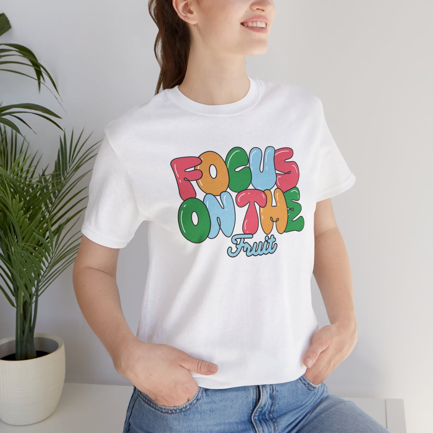 Focus on the Fruit - Colorful Bubble Letter T-Shirt | Fruit of the Spirit | Unisex Cotton Jersey Short Sleeve