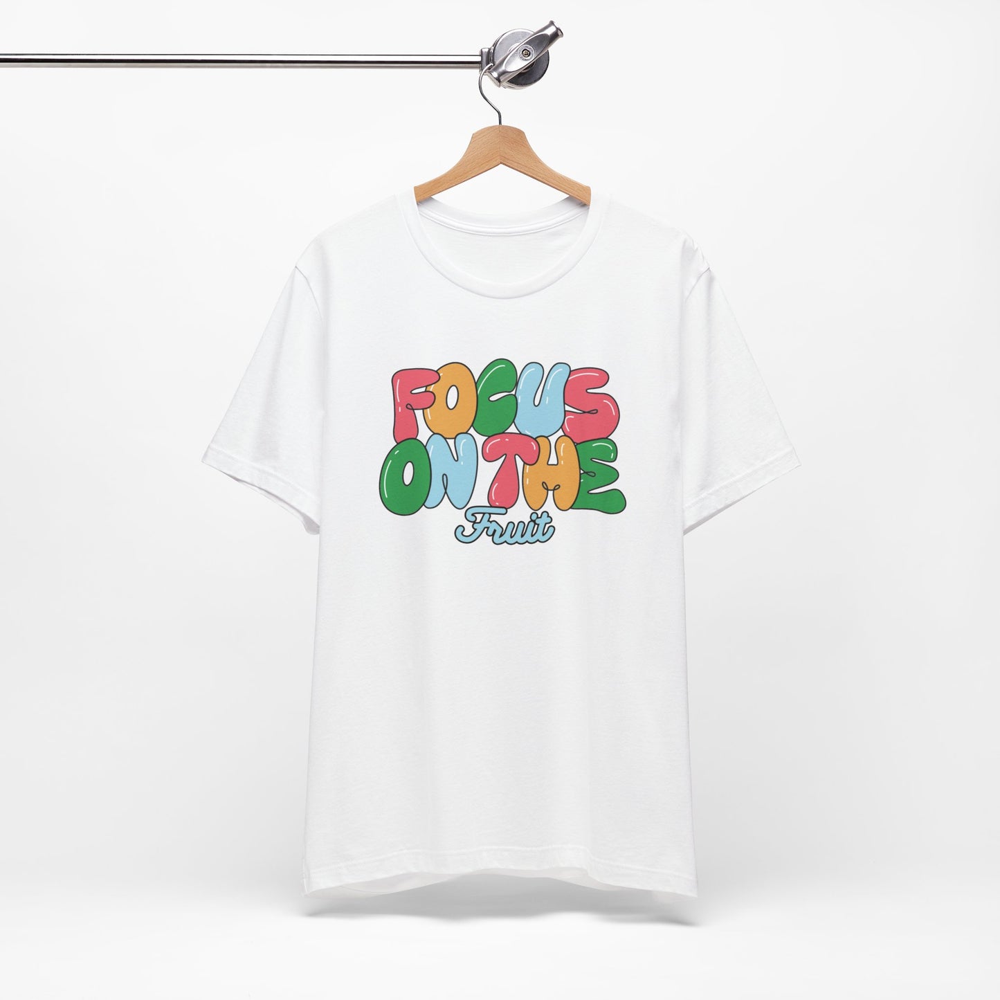 Focus on the Fruit - Colorful Bubble Letter T-Shirt | Fruit of the Spirit | Unisex Cotton Jersey Short Sleeve