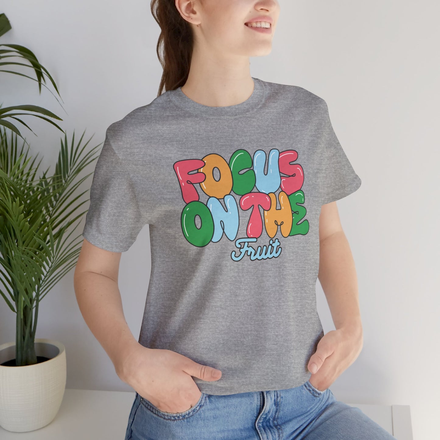 Focus on the Fruit - Colorful Bubble Letter T-Shirt | Fruit of the Spirit | Unisex Cotton Jersey Short Sleeve